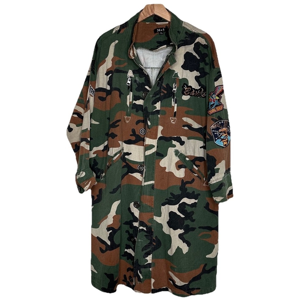 36.5 Women M Camouflage Jacket Coat Up Cycled Patches Grunge Punk Western Goth